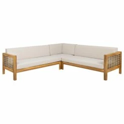 Promo 🔔 GDFStudio Theresa Wood And Wicker 5 Seater Sectional Sofa Set, Teak, Mixed Brown, Beige 🧨