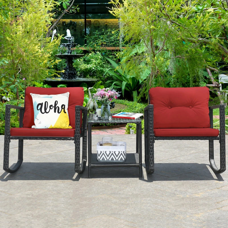 Wholesale ๐ Costway 3PCS Patio Rattan Furniture Set Rocking Chairs Cushioned Sofa Burgundy โจ - Image 5