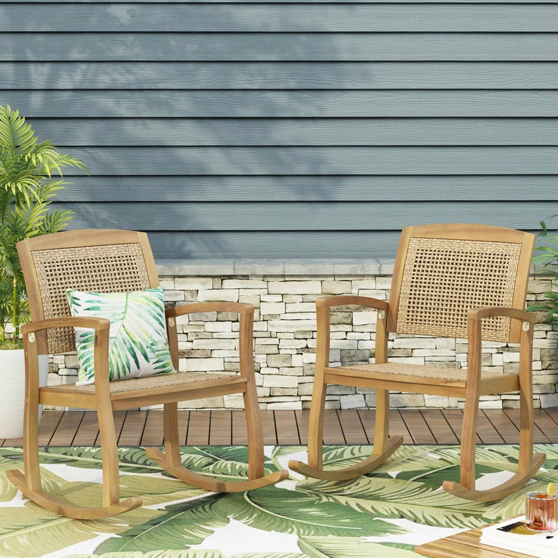 Best Sale 🔥 GDFStudio Uintah Outdoor Acacia Wood And Wicker Rocking Chair (Set Of 2), Light Brown ✨ - Image 2