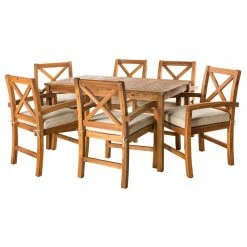 Best Pirce 🔔 Walker Edison Outdoor Acacia Wood Simple Patio 7-Piece Dining Set With X-Design, Brown 👏