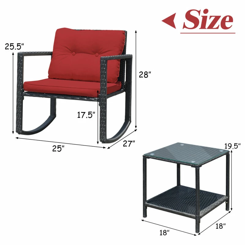 Wholesale ๐ Costway 3PCS Patio Rattan Furniture Set Rocking Chairs Cushioned Sofa Burgundy โจ - Image 2