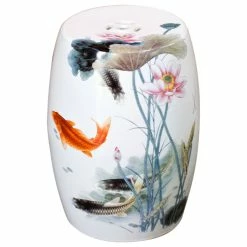 Coupon 🎉 China Furniture And Arts White Porcelain Koi Fish Lotus Pond Motif Asian Garden Stool 💯