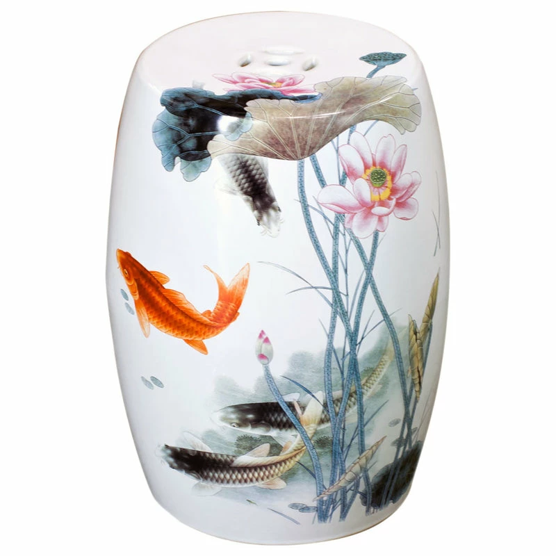 Coupon ๐ China Furniture And Arts White Porcelain Koi Fish Lotus Pond Motif Asian Garden Stool ๐ฏ