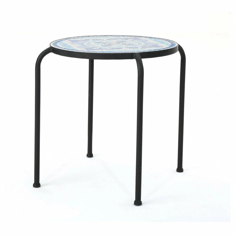 Hot Sale ๐ GDFStudio GDF Studio Sindarin Outdoor Blue And White Ceramic Tile Iron Frame Side Table ๐งจ