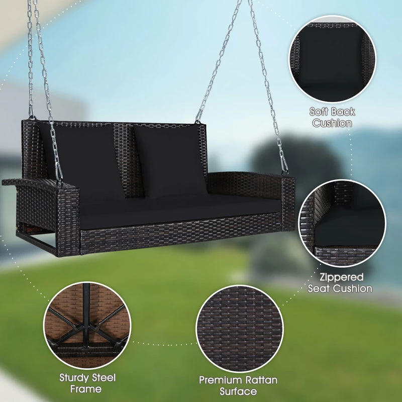 Flash Sale π Costway 2-Person Patio Rattan Hanging Porch Swing Bench Chair Cushion Black 𧨠- Image 4
