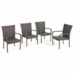 Buy 🧨 GDFStudio Ferndale Outdoor Contemporary Wicker Stacking Chairs (Set Of 4), Multi-Brown 🎁