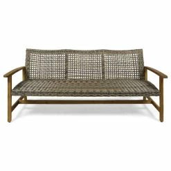 Flash Sale 👏 GDFStudio Marcia Outdoor Wood And Wicker Sofa, Natural Stain/Gray 🔥
