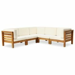 Budget 😀 GDFStudio GDF Studio Dawson Outdoor 5-Seater V-Shaped Acacia Wood Sectional Sofa Set, Teak 🥰