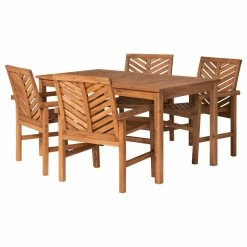 Hot Sale 🤩 Walker Edison 5-Piece Chevron Outdoor Patio Dining Set, Brown 🎁