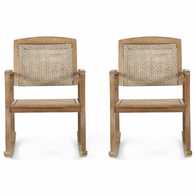 Best Sale 🔥 GDFStudio Uintah Outdoor Acacia Wood And Wicker Rocking Chair (Set Of 2), Light Brown ✨