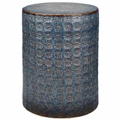 Best Sale 🛒 My Swanky Home Embossed Wild Flower Pattern Ceramic Side Table Blue Bronze Print Drum Outdoor 🔥