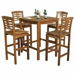 Best deal 🛒 Outdoor Interiors 5-Piece Square Eucalyptus Bar Height Dining Set With Bar Chairs ❤️