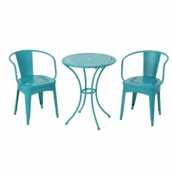 Flash Sale 🧨 GDFStudio GDF Studio 3-Piece Leona Outdoor Iron Bistro Set, Matte Teal ⭐