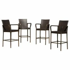 Best Sale 🧨 GDFStudio GDF Studio Stewart Outdoor Brown Wicker Bar Stool, Set Of 4 ⌛
