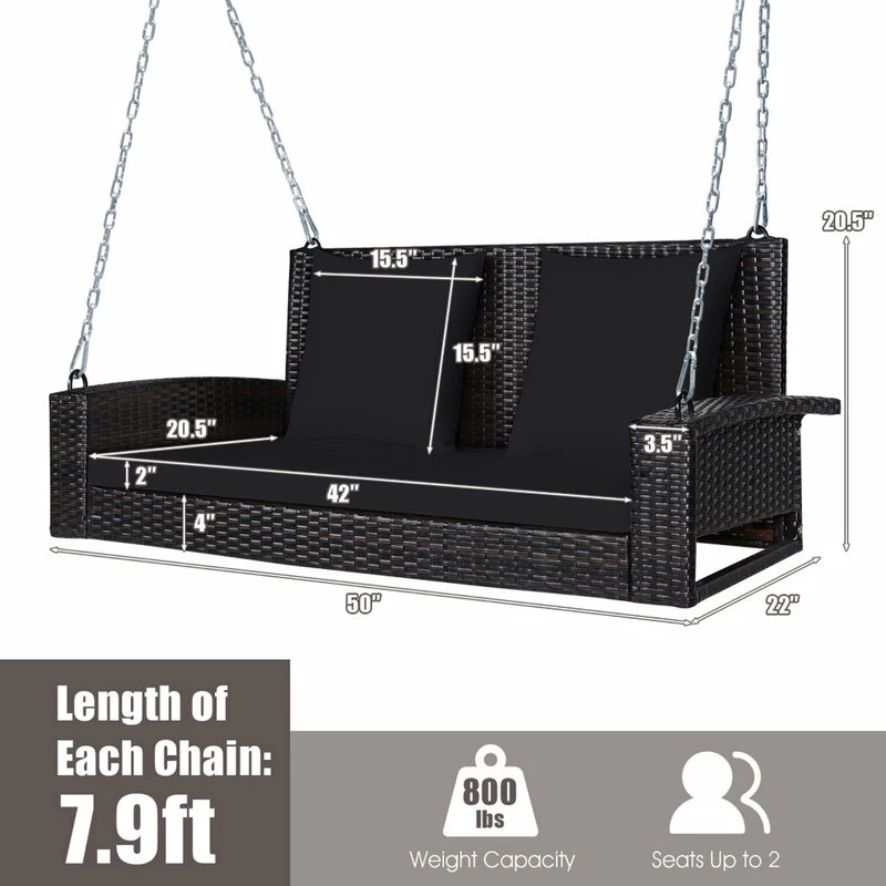 Flash Sale π Costway 2-Person Patio Rattan Hanging Porch Swing Bench Chair Cushion Black 𧨠- Image 5