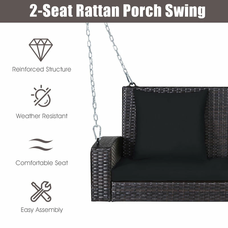 Flash Sale π Costway 2-Person Patio Rattan Hanging Porch Swing Bench Chair Cushion Black 𧨠- Image 3