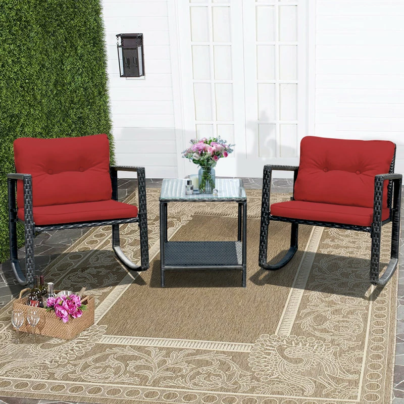 Wholesale ๐ Costway 3PCS Patio Rattan Furniture Set Rocking Chairs Cushioned Sofa Burgundy โจ - Image 3