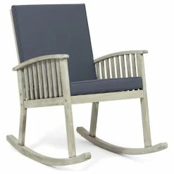 Best deal ✔️ GDFStudio Beulah Outdoor Acacia Wood Rocking Chair, Light Gray Finish, Dark Gray 🥰
