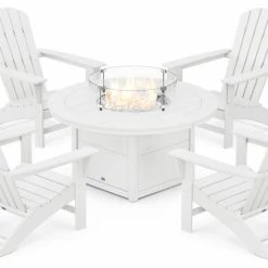 Best Pirce ❤️ POLYWOOD Nautical 5-Piece Adirondack Chair Conversation Set, Fire Pit Table, White ⌛