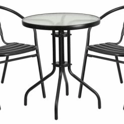 Deals 🌟 Flash Furniture 23.75'' Round Glass Metal Table With 2 Black Metal Aluminum Slat Stack Chairs 🎉